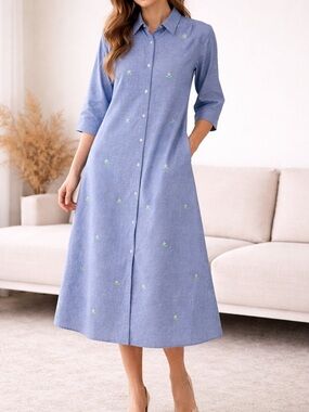 Vintage Naqui Blue Chambray 100% cotton Button-Front Floral Embroidered Dress